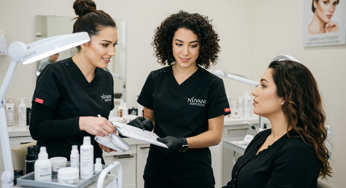 Nuvani Institute Esthetician students in a salon setting.