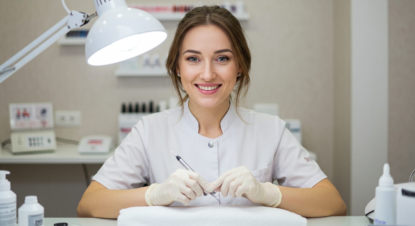 Female manicure specialist in a nail salon setting.