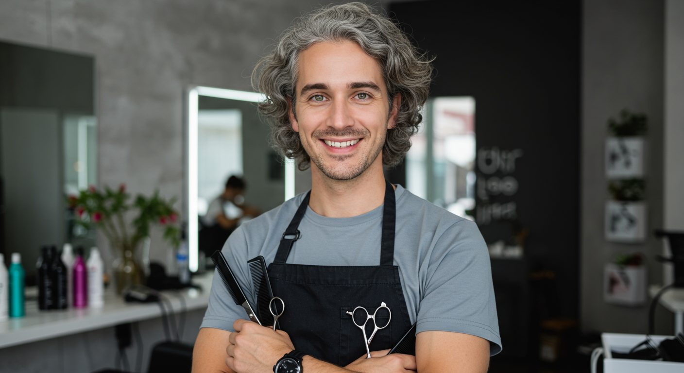 Male hair stylist smiling and holding scissors and a comb.