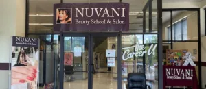 The entrance to a building with the Nuvani banner above the doors
