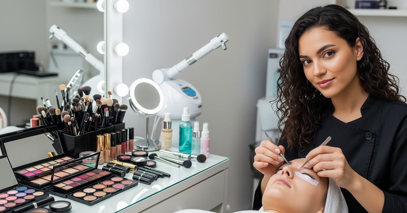 Esthetician applying eyelash extensions to a client in a professional beauty treatment room.