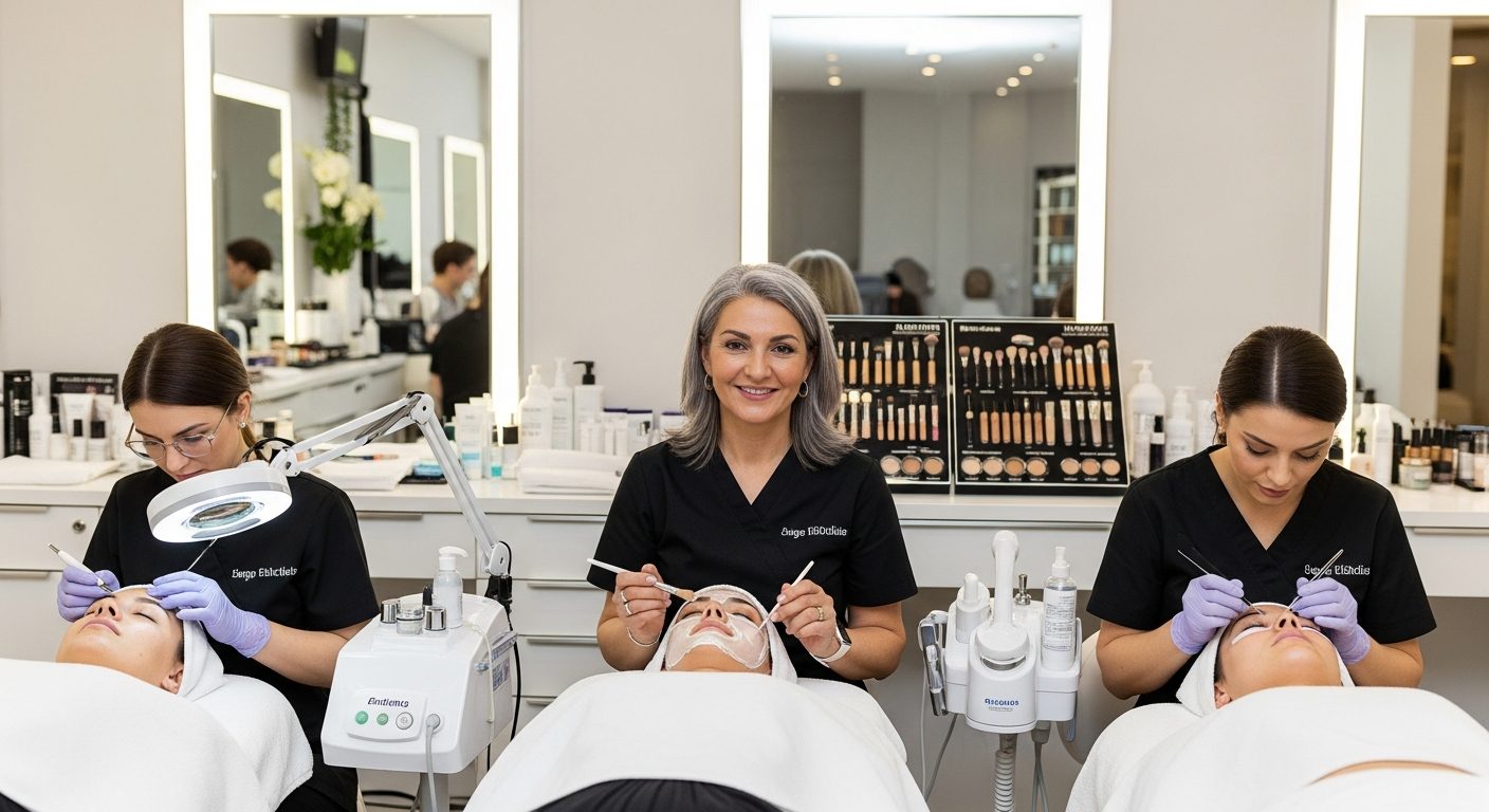 Esthetics students performing facial treatments on clients in a modern spa classroom under instructor supervision.