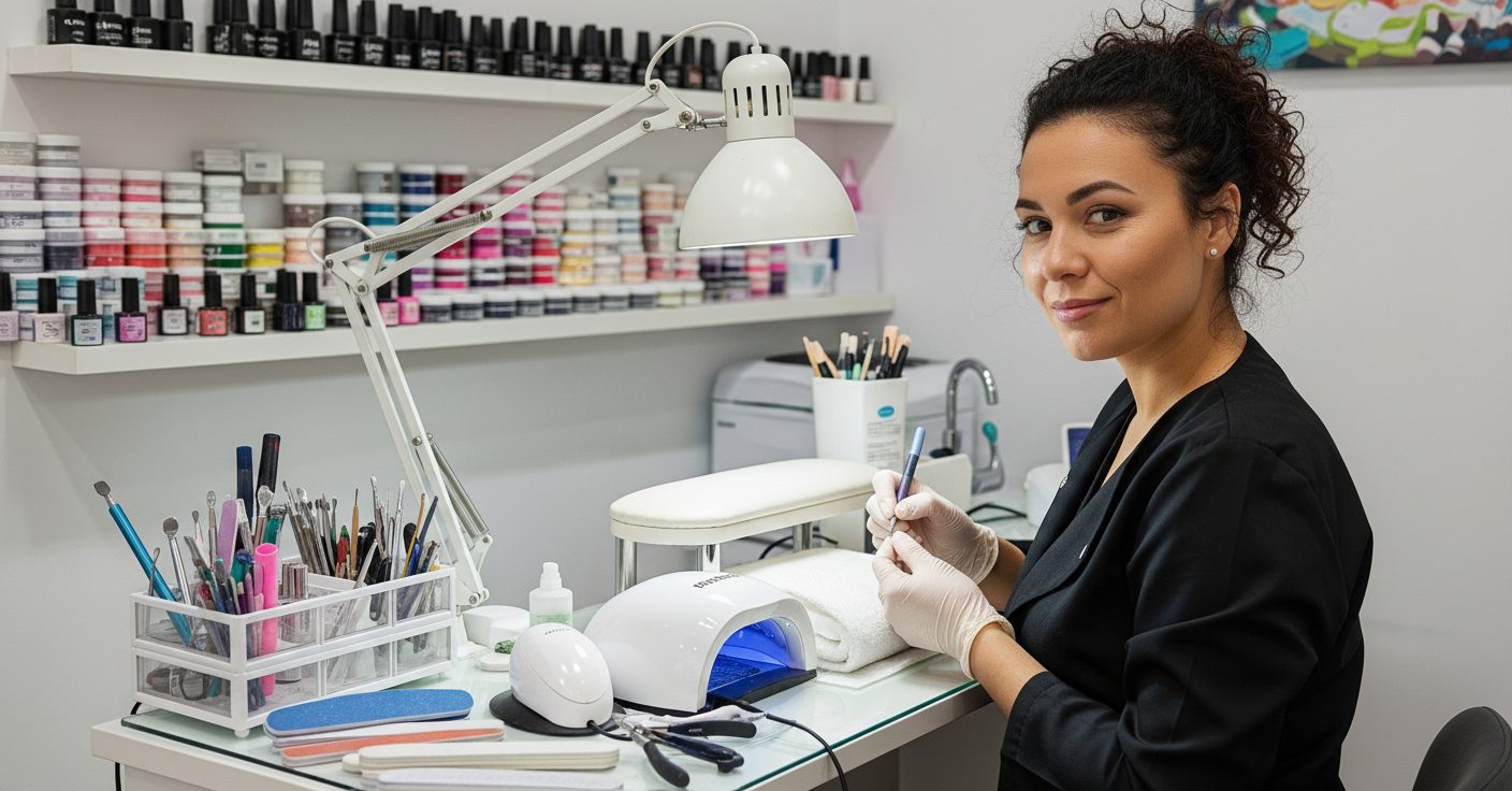 Manicure student preparing nail tools at a professional nail workstation in a training salon.