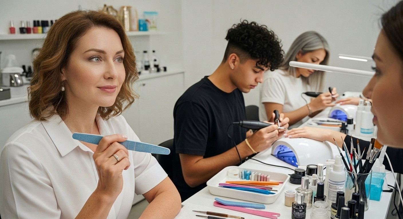 Student practicing manicure techniques in a nail technician training classroom, using professional tools and equipment alongside instructors and classmates