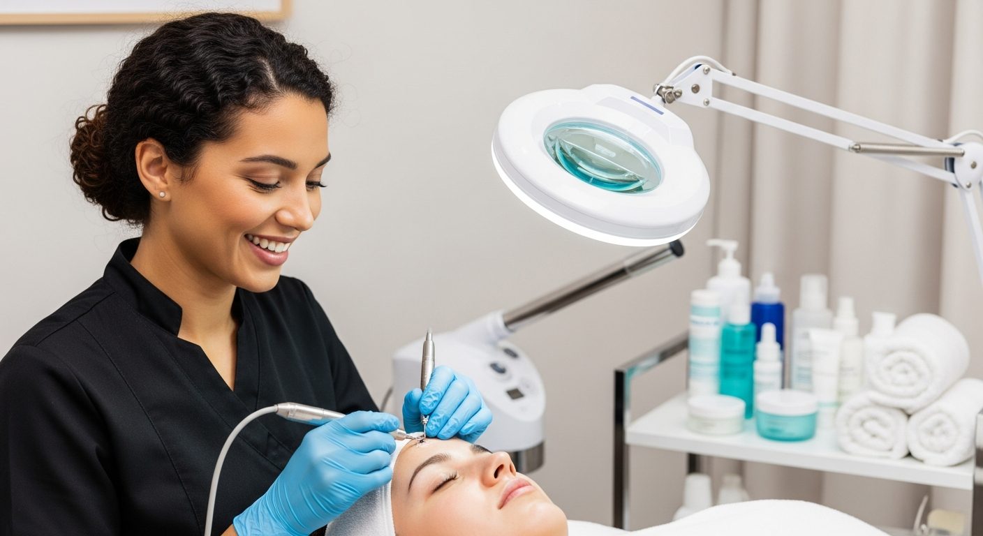 Esthetician student performing a facial treatment on a client during skincare training in a spa-like classroom setting