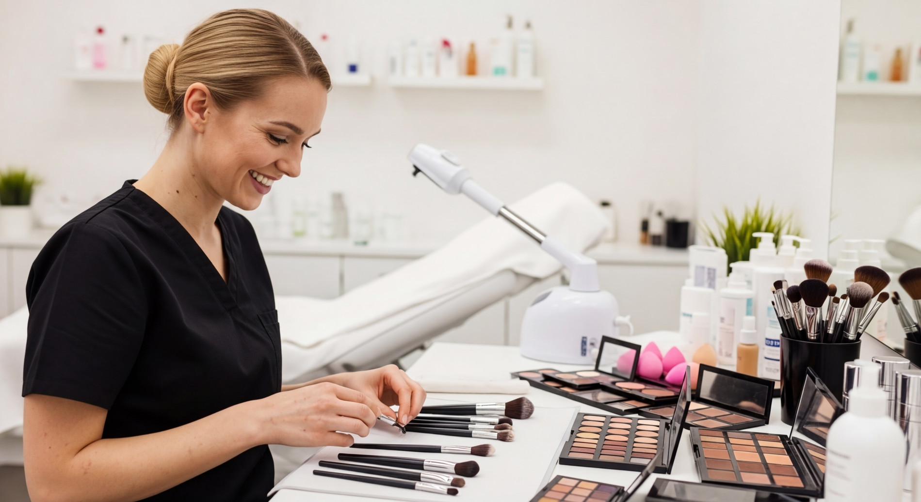 Smiling esthetician in black scrubs arranging makeup brushes and palettes in a bright, modern treatment room with skincare products and a treatment bed in the background.